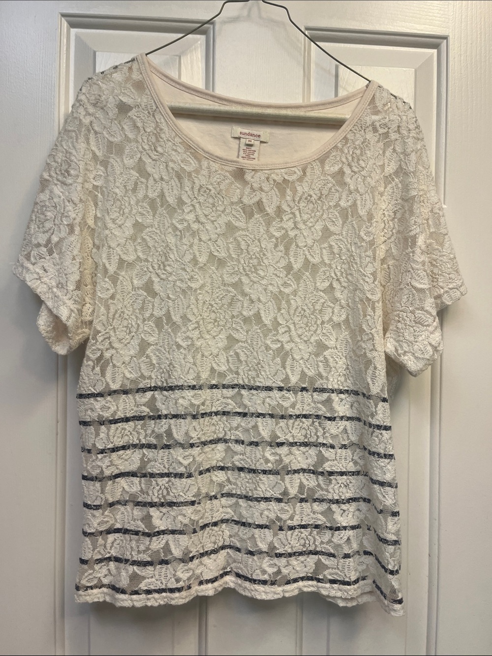 Sundance VINTAGE Cream Lace Short-Sleeve Blouse with Navy Stripes M